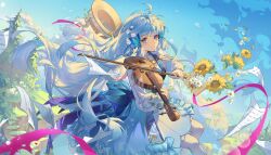 Rule 34 | 1girl, absurdres, alternate hairstyle, ayaka (genshin impact), blue dress, blue eyes, blue hair, blue sky, braid, butterfly hair ornament, closed mouth, dress, floating hair, flower, genshin impact, hair ornament, highres, holding, holding instrument, huahua deluwei, instrument, kamisato ayaka, kamisato ayaka (springbloom missive), long hair, long sleeves, looking at viewer, official alternate costume, outdoors, pantyhose, sitting, sky, smile, solo, sunflower, white flower, white pantyhose, wind, yellow flower