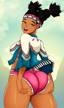 Rule 34 | 1girl, ass, ass focus, ass grab, braid, brown eyes, capcom, dark-skinned female, dark skin, denim, denim shorts, earrings, headband, highres, jewelry, lily hawk, looking back, native american, shiny skin, shorts, smile, sonson-sensei, street fighter, street fighter 6, thick thighs, thighs, twin braids