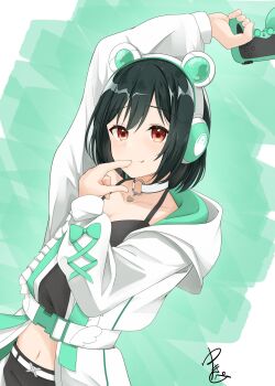 1girl absurdres animal_ear_headphones animal_ears arm_up bear_ear_headphones bear_ears black_camisole breasts camisole choker cleavage closed_mouth coat collarbone commentary controller fake_animal_ears fang fang_out game_controller green_background headphones highres holding holding_controller holding_game_controller hood hooded_coat looking_at_viewer love_live! love_live!_nijigasaki_high_school_idol_club midriff mifune_shioriko navel o-ring o-ring_choker official_alternate_costume open_clothes open_coat orange_eyes round1 signature smile solo white_choker white_coat yukippe_24