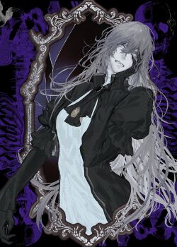 Rule 34 | 1girl, andrewcoffee, ascot, black ascot, black dress, broken mirror, brooch, colored skin, cowboy shot, dress, every catherine (project moon), grey hair, hand on own face, highres, jewelry, juliet sleeves, limbus company, locket, long hair, long sleeves, mirror, pendant, project moon, puffy sleeves, skeleton, solo, very long hair, white skin