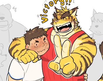 5boys animal_ears bear_boy bear_ears blush closed_eyes commentary_request dated_commentary dog_boy dog_ears facing_viewer fangs furry furry_male highres juuichi_mikazuki korean_commentary kouya_aotsuki male_focus morenatsu multiple_boys open_mouth peula_(pteragon) red_shirt red_tank_top shirt shun_kodori sleeveless sleeveless_shirt surprised tail tank_top tiger_boy tiger_ears tiger_stripes tiger_tail torahiko_oshima upper_body v wavy_mouth white_background white_shirt wolf_boy