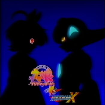 Rule 34 | 1990s (style), 1boy, 1girl, absurdres, agnes tachyon (tach-nology) (umamusume), agnes tachyon (umamusume), ahoge, black background, blue background, chest jewel, fake screenshot, faux retro artstyle, from side, glowing, glowing eyes, glowing jewelry, gradient background, highres, huge ahoge, jewelry, logo, looking at viewer, lueduar, lumine (mega man), mega man (series), mega man x (series), red eyes, retro artstyle, shade, shadow, umamusume, upper body, vhs artifacts, wolf cut, yellow eyes