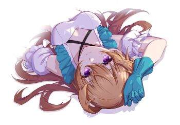 1girl birthday blue_gloves breasts commentary from_above gloves highres konoe_kanata long_hair looking_at_viewer love_live! love_live!_nijigasaki_high_school_idol_club medium_breasts orange_hair purple_eyes setsu_(qjsj1993aa) solo upper_body upside-down white_background