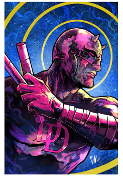 1boy abstract_background artist_name baton_(weapon) blind blue_background bodysuit colorful_background daredevil gloves holding holding_baton holding_nunchaku holding_weapon horned_mask horns male_focus marvel mask matt_murdock nunchaku radar red-tinted_eyewear red_bodysuit red_mask science_fiction signature solo sonar superhero_costume tinted_eyewear upper_body vinartwork weapon western_comics_(style) wrist_straps
