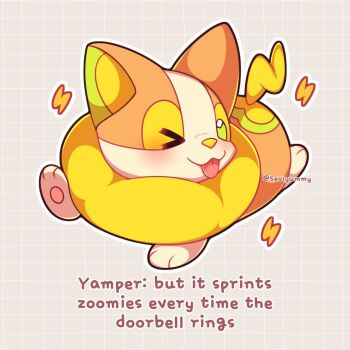 Rule 34 | animal focus, blush, closed mouth, dog, english text, full body, gen 8 pokemon, green eyes, lightning bolt symbol, nintendo, no humans, one eye closed, pokemon, pokemon (creature), pokemon focus, sevi (seviyummy), smile, solo, tail, tongue, tongue out, yamper