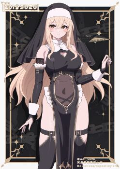 1girl aoi_suzu bare_shoulders black_dress black_thighhighs black_veil blonde_hair breasts bridal_gauntlets cleavage_cutout closed_mouth clothing_cutout commentary_request covered_navel dress gold_trim heart_cutout highres large_breasts long_hair looking_at_viewer nun original pelvic_curtain sleeveless sleeveless_dress smile solo standing thighhighs thighs veil very_long_hair yellow_eyes