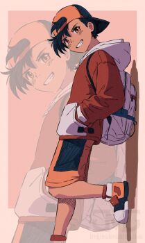 Rule 34 | 1boy, backpack, backwards hat, bag, baseball cap, black hair, border, ethan (pokemon), feet out of frame, full body, hat, hood, hood down, hooded jacket, jacket, male focus, nintendo, pokemon, pokemon gsc, shoes, short hair, shorts, solo, teeth, treijim