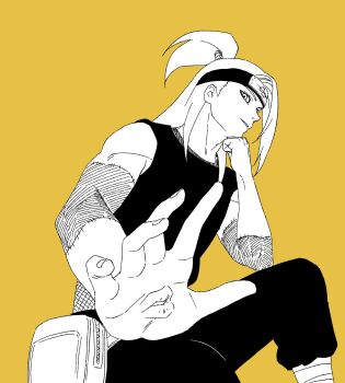 Rule 34 | 1boy, bandaged leg, bandages, black headband, black pants, black tank top, deidara (naruto), extra mouth, ezt otk, fishnet top, fishnets, from below, half updo, head on hand, headband, highres, long hair, looking at viewer, male focus, monochrome, naruto (series), naruto shippuuden, outstretched hand, pants, parted lips, ponytail, pouch, scar, scar on arm, solo, stitched arm, stitches, swept bangs, tank top, thigh pouch, yellow background