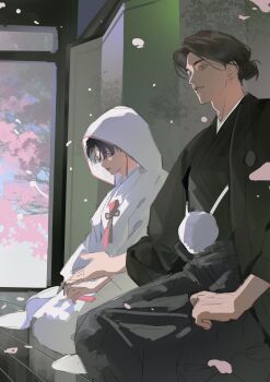 Rule 34 | 2boys, black hair, black kimono, brown hair, cherry blossoms, commentary, drawstring, earrings, eren yeager, falling petals, green eyes, highres, hood, hood up, husband and husband, japanese clothes, jewelry, kimono, kneeling, levi (shingeki no kyojin), male focus, medium hair, multiple boys, parted bangs, parted lips, petals, pink petals, pom pom (clothes), pom pom drawstring, senkawaakatsuki, shingeki no kyojin, short hair, symbol-only commentary, tassel, tassel earrings, tree, uchikake, updo, white kimono, yaoi