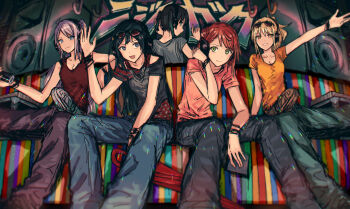 5girls :d ahoge black_hair black_pants black_shirt blonde_hair blue_eyes blue_pants breasts cleavage closed_mouth closed_umbrella collarbone commentary_request gradient_hair green_eyes green_hair green_pants grey_eyes grey_hair grey_shirt highres looking_at_viewer love_live! love_live!_nijigasaki_high_school_idol_club medium_breasts medium_hair miyashita_ai multicolored_hair multiple_girls nijigasaki_2nd_years open_mouth orange_eyes orange_shirt outstretched_arm pants pink_hair pink_shirt red_shirt shirt short_sleeves sidelocks sleeveless sleeveless_shirt smile takasaki_yu twintails two_side_up uehara_ayumu umbrella v-shaped_eyebrows yuki_setsuna yukitake_(bullfalk) zhong_lanzhu