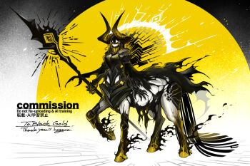 1girl armor black_hair black_sclera centaur colored_sclera colored_skin commentary_request commission demon_girl demon_horns full_body high_collar high_contrast hogara holding holding_staff hooves horns huge_horns looking_at_viewer monster_girl original shoulder_armor skeb_commission solo staff taur white_skin yellow_eyes