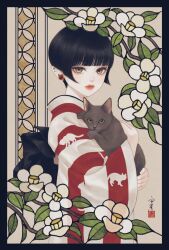 Rule 34 | 1girl, animal, animal print, black border, black hair, black sash, blunt bangs, border, branch, brown cat, brown eyes, cat, cat print, closed mouth, ear piercing, earrings, flower, from side, highres, holding, holding animal, holding cat, japanese clothes, jewelry, kimono, leaf, lips, long sleeves, looking at viewer, looking to the side, obi, original, piercing, print kimono, red kimono, sash, seal impression, short hair, sidelocks, signature, solo, stained glass, standing, striped clothes, striped kimono, upper body, ushiyama ame, vertical-striped clothes, vertical-striped kimono, very short hair, white flower, white kimono, wide sleeves