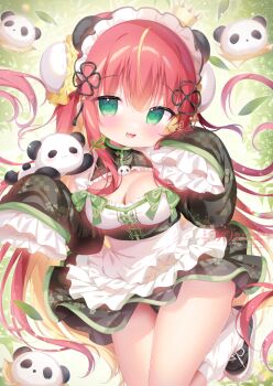 1girl :d animal_ears apron black_dress black_panties black_shoes blonde_hair blush breasts bun_cover chinese_clothes cleavage colored_inner_hair cowboy_shot crown double_bun dress fang frilled_apron frilled_sleeves frills gold_crown green_eyes haconect hair_bun hands_up large_breasts lolita_fashion long_hair looking_at_viewer loose_socks mandarin_collar mini_crown multicolored_hair open_mouth panda panda_ears panda_girl panties pantyshot qi_lolita red_hair rin_garnet shoes signature skin_fang sleeves_past_fingers sleeves_past_wrists smile socks solo streaked_hair tsukimi_mumi two-tone_hair underwear very_long_hair virtual_youtuber waist_apron watermark white_apron white_socks