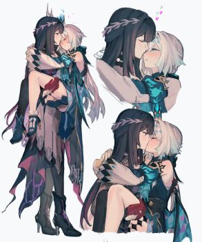 2girls absurdres argyle_clothes black_hair blue_fire blush bow carrying cerydra_(honkai:_star_rail) colored_inner_hair commentary crown detached_sleeves dress english_commentary fire full_body gloves hair_ornament heart highres honkai:_star_rail honkai_(series) hysilens_(honkai:_star_rail) jewelry kiss long_hair mini_crown multicolored_hair multiple_girls necklace pearl_necklace platform_heels princess_carry streaked_hair thighhighs very_long_hair white_hair yuri yuudny