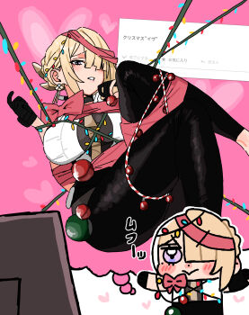 Rule 34 | 1girl, absurdres, andii (anzai teachco), black gloves, black pants, blonde hair, bound, commentary request, evelyn chevalier, gloves, hair over one eye, highres, looking at viewer, odaibako, pants, purple eyes, red ribbon, restrained, ribbon, solo, zenless zone zero