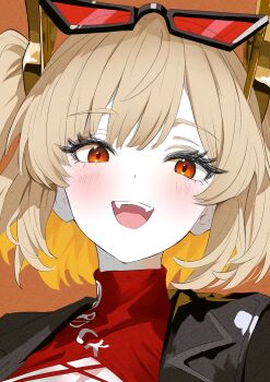 Rule 34 | 1girl, absurdres, black jacket, blonde hair, blush, bubba62473394, burnice white, commentary, dot nose, english commentary, eyewear on head, fangs, hair between eyes, hair ornament, happy, high collar, highres, jacket, looking at viewer, medium hair, open mouth, portrait, red eyes, red shirt, shirt, solo, twintails, zenless zone zero