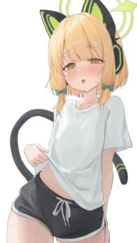 1girl absurdres alternate_costume animal_ear_headphones animal_ears aqua_bow arm_behind_back black_shorts blue_archive blunt_bangs blush bow casual cat_ear_headphones cat_ears cat_tail clothes_lift collarbone commentary cowboy_shot dolphin_shorts fake_animal_ears fake_tail green_eyes green_halo hair_bow halo hand_up headphones highres lifting_own_clothes looking_at_viewer medium_hair midori_(blue_archive) midriff_peek open_mouth shirt shirt_lift short_sleeves shorts sidelocks simple_background solo springrain_06 sweatdrop t-shirt tail tongue tongue_out white_background white_shirt