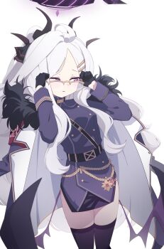1girl absurdres ahoge armband black_coat black_gloves black_halo black_skirt black_thighhighs blue_archive blush breasts coat coat_on_shoulders demon_girl demon_horns demon_wings glasses gloves halo highres hina_(blue_archive) horns long_hair low_wings nauvvii purple_eyes red_armband simple_background skirt small_breasts solo thighhighs thighs very_long_hair white_background white_hair wings
