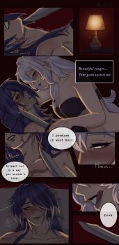 2girls acheron_(honkai:_star_rail) black_swan_(honkai:_star_rail) blood bloody_knife bloody_weapon blush breasts bush commentary el1zix english_commentary english_text hair_between_eyes hair_spread_out heavy_breathing highres holding holding_knife holding_weapon honkai:_star_rail honkai_(series) knife large_breasts lipstick long_hair makeup messy_hair moaning multiple_girls purple_hair scar very_long_hair weapon yellow_eyes