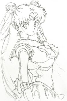 1girl absurdres back_bow bishoujo_senshi_sailor_moon bow bowtie breasts brooch circlet crescent double_bun elbow_gloves gloves graphite_(medium) hair_bun hair_ornament highres i4teruz jewelry long_hair looking_at_viewer looking_back medium_breasts miniskirt parted_bangs pleated_skirt sailor_collar sailor_moon sketch skirt solo traditional_media tsukino_usagi twintails