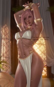 1girl 3d armpits arms_up blue_eyes commentary emy-san final_fantasy final_fantasy_xiii highres jewelry lightning_farron looking_at_viewer navel_piercing necklace parted_lips piercing pink_hair solo symbol-only_commentary