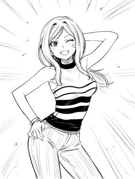 1girl arm_behind_head breasts contrapposto cowboy_shot emphasis_lines greyscale hand_on_own_hip highres idolmaster idolmaster_million_live! long_hair looking_at_viewer matcha_kingyo momose_rio monochrome one_eye_closed open_mouth pants shirt simple_background sleeveless sleeveless_shirt smile solo standing white_background