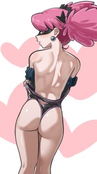 1girl arm_scrunchie ass back bare_shoulders black_leotard black_mask black_ribbon blush boku_no_hero_academia commentary earrings english_commentary eye_mask fingernails from_behind hair_ribbon haneyama_kazuho heart highres jewelry kneepits leotard looking_back mask median_furrow nico-mo open_mouth pink_eyes pink_hair ribbon shoulder_blades solo thighs twintails undressing vigilante_-boku_no_hero_academia:_illegals- white_background