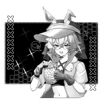 ! 1girl :d animal_ears arknights caper_(arknights) caper_(summer_flowers)_(arknights) chinese_commentary commentary_request cropped_torso crossed_bangs drink drinking_straw fingerless_gloves glasses gloves greyscale hair_between_eyes heart highres holding holding_drink ji_xing_beichen_polaris looking_at_viewer midriff monochrome navel official_alternate_costume open_clothes open_mouth open_shirt shirt short_hair short_sleeves smile solo spoken_exclamation_mark spoken_heart visor_cap