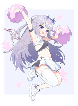 Rule 34 | 1girl, :d, absurdres, armband, armpits, black armband, cheering, cheerleader, chest jewel, commentary, crop top, double-parted bangs, face jewel, full body, gem, gem hair ornament, hand jewel, highres, holding, holding pom poms, hololive, hololive english, jewel under eye, jumping, korean commentary, koseki bijou, long hair, looking at viewer, metal wings, midriff, miniskirt, multicolored gemstone, open mouth, outstretched arm, panties, pantyshot, pleated skirt, pom pom (cheerleading), pom poms, purple eyes, purple gemstone, purple hair, shoes, sidelocks, simple background, single thighhigh, skirt, smile, sneakers, solo, sparkle, striped clothes, striped panties, thighhighs, ugaaaa1, underwear, very long hair, virtual youtuber, white shoes, white skirt, white thighhighs