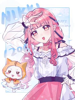 1girl ahoge animal arm_cutout bare_shoulders bead_necklace beads belt black_belt black_bow blue_sky blunt_bangs blush_stickers border bow bow_choker bowtie bra_strap brown_eyes buttons cat center_frills character_name chinese_commentary choker cloak clothed_animal clothing_cutout cloud collarbone commentary_request cowboy_shot dated day dot_nose ear_covers english_text eyelashes eyes_visible_through_hair floating frilled_shirt frilled_skirt frilled_sleeves frills halftone hand_on_own_head hand_on_own_hip happy happy_birthday haroi hexagram highres hood hood_up hooded_cloak infinity_nikki jewelry layered_skirt light_blush long_hair long_sidelocks long_sleeves looking_at_viewer low_twintails momo_(nikki) navel necklace nikki_(nikki) nikki_(series) off-shoulder_shirt off_shoulder open_mouth outdoors outside_border perfect_start_(infinity_nikki) pink_bow pink_bowtie pink_choker pink_hair pink_skirt pleated_skirt print_skirt puffy_long_sleeves puffy_sleeves red_bow red_bowtie see-through_clothes see-through_sleeves shirt sidelocks single_stripe skirt sky sleeve_bow sleeves_past_wrists smile snowflake_print snowflakes standing star_(symbol) star_necklace striped_bow striped_bowtie striped_choker striped_clothes traditional_bowtie twintails very_long_hair wavy_hair whiskers white_border white_cat white_shirt white_skirt yellow_cloak