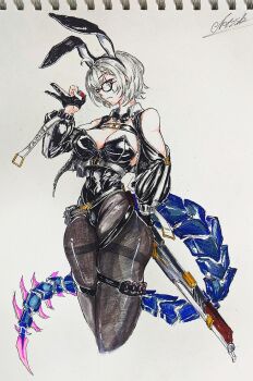 1girl ace_(playing_card) ace_of_spades animal_ear_hairband animal_ears bare_shoulders black-framed_eyewear black_gloves black_jacket black_leotard black_nails breasts card character_name cleavage commentary cropped_legs detached_collar english_commentary eyelashes fake_animal_ears fingernails glasses gloves grey_hair grey_pantyhose hairband highres holding holding_weapon indie_virtual_youtuber jacket leotard long_sleeves nail_polish nt2sh open_clothes open_jacket pantyhose partially_fingerless_gloves playing_card rabbit_ear_hairband rabbit_ears saruei_(vtuber) scar scar_across_eye scar_on_face short_hair signature simple_background solo spade_(shape) strapless strapless_leotard tail thick_thighs thigh_strap thighs traditional_media virtual_youtuber weapon white_background