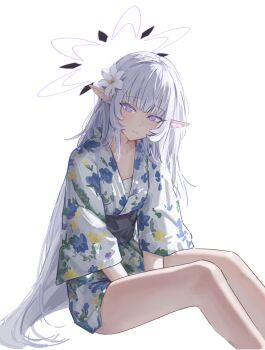 1girl alternate_costume bare_legs blue_archive blush closed_mouth feet_out_of_frame floral_print flower grey_hair hair_flower hair_ornament halo highres himari_(blue_archive) invisible_chair japanese_clothes kimono long_hair looking_at_viewer mole mole_under_eye obi pointy_ears print_kimono purple_eyes purple_halo sarashi sash short_kimono simple_background sitting solo very_long_hair white_background white_flower white_hair white_kimono wide_sleeves y1c6 yukata