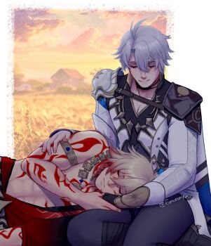 Rule 34 | 2boys, 6aturday, antenna hair, arm tattoo, armlet, armor, black choker, black coat, black gloves, black shirt, blonde hair, braid, chest tattoo, choker, clawed gauntlets, closed eyes, coat, commentary, earrings, english commentary, facial tattoo, fingerless gloves, gloves, gold earrings, gold necklace, gradient hair, highres, honkai: star rail, honkai (series), jewelry, lap pillow, lying, male focus, medium hair, multicolored hair, multiple boys, mydei (honkai: star rail), neck tattoo, necklace, on side, open clothes, open coat, parted bangs, pauldrons, phainon (honkai: star rail), red hair, red tattoo, shirt, short hair, shoulder armor, side braid, single pauldron, sleeping, sun symbol, sun tattoo, tan, tattoo, white coat, white hair, yaoi