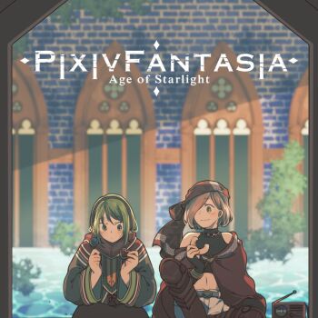 Rule 34 | 2girls, bandana, belt, black gloves, blurry, blurry background, breasts, brown hair, cookie, copyright name, donut, earrings, fingerless gloves, food, gloves, green eyes, green hair, hair over one eye, highres, holding, holding food, itsuka (pixiv fantasia age of starlight), jewelry, multiple girls, navel, pixiv fantasia, pixiv fantasia age of starlight, radio, shafika (pixiv fantasia age of starlight), short hair, sitting, small breasts, smile, stud earrings, water, wide sleeves, yahata hato, yellow eyes