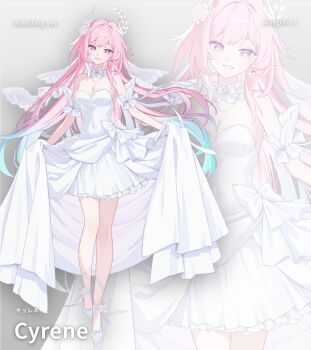 1girl alternate_costume angchi aqua_hair breasts bridal_veil character_name cleavage commentary cyrene_(honkai:_star_rail) cyrene_(ripples_of_past_reverie)_(honkai:_star_rail) diamond-shaped_pupils diamond_(shape) dress flower gradient_hair grey_background hair_flower hair_ornament high_heels highres honkai:_star_rail honkai_(series) large_breasts long_hair multicolored_hair pink_hair purple_eyes solo symbol-only_commentary symbol-shaped_pupils veil very_long_hair wedding_dress white_dress white_hair zoom_layer
