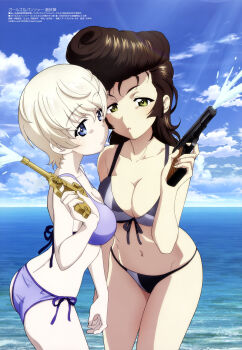 2boys absurdres anime_coloring ass bikini breast_press breasts cleavage copyright_name copyright_notice curvy day girls_und_panzer gun highres itou_takeshi looking_at_viewer magazine_scan megami_magazine multiple_boys official_art pompadour scan side-tie_bikini_bottom swimsuit tagme thong thong_bikini weapon wide_hips youko_(girls_und_panzer) yuri_(girls_und_panzer)