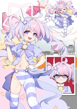 1girl absurdres blue_archive cameltoe drill_hair gloves hair_ornament halo highres holding holding_rocket_launcher holding_weapon magical_girl marshal_(artist) multicolored_hair navel official_alternate_costume official_alternate_hairstyle pantyhose pink_hair puffy_short_sleeves puffy_sleeves purple_eyes purple_hair reisa_(blue_archive) reisa_(magical)_(blue_archive) rocket_launcher short_sleeves single_leg_pantyhose single_thighhigh star_(symbol) star_hair_ornament star_halo striped_clothes striped_pantyhose striped_thighhighs thighhighs twin_drills two-tone_hair weapon white_gloves wing_hair_ornament