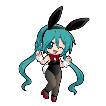 Rule 34 | 1girl, ;d, animal ear hairband, animal ears, ankle strap, aqua hair, black hairband, black leotard, black outline, blue eyes, bow, bowtie, breasts, chibi, chibi only, cleavage, detached collar, fake animal ears, fake tail, full body, game asset, grey pantyhose, hair between eyes, hairband, hatsune miku, hatsune miku graphy collection, high-ended braid, high heels, leotard, long hair, looking at viewer, low twintails, one eye closed, open mouth, outline, pantyhose, playboy bunny, rabbit ear hairband, rabbit ears, rabbit tail, red bow, red bowtie, red shoes, shoes, sidelocks, small breasts, smile, solo, standing, strapless, strapless leotard, strappy heels, tail, transparent background, twintails, very long hair, vocaloid, w arms, white wrist cuffs, wrist cuffs