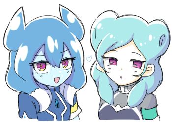 2girls alien aqua_hair beta_(inazuma_eleven) black_vest blue_hair blue_shirt blue_skin bodysuit colored_skin commentary_request double_bun grey_bodysuit hair_bun heart inazuma_eleven_(series) inazuma_eleven_go inazuma_eleven_go_chrono_stone inazuma_eleven_go_galaxy long_hair looking_at_viewer multicolored_hair multiple_girls no_pupils open_mouth powai_pichori purple_eyes shirt two-tone_hair tyano_suke vest white_hair