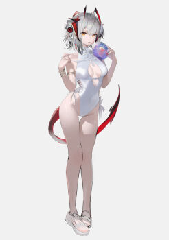1girl absurdres arknights breasts breasts_apart commentary full_body grey_hair highres horns ligod looking_at_viewer medium_breasts medium_hair one-piece_swimsuit open_mouth orange_eyes simple_background solo swimsuit tail thigh_gap w_(arknights) white_background white_one-piece_swimsuit