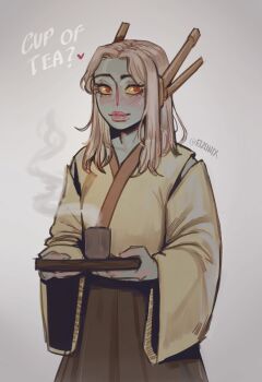 Rule 34 | 1boy, absurdres, alien, artist name, blue skin, blush, clothing cutout, colored sclera, colored skin, commentary, cup, elzunix, english commentary, english text, grey background, grey hair, highres, holding, holding tray, light smile, lips, long hair, long sleeves, looking at viewer, male focus, puffy lips, red eyes, shoulder cutout, simple background, solo, steam, t'au, teacup, trap, tray, twitter username, warhammer 40k, wide sleeves, yellow sclera