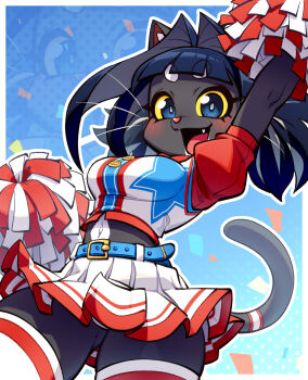 1girl animal_ears animal_nose belt black_fur black_hair blue_belt blue_eyes blush border breasts bright_pupils cat_ears cat_girl cat_tail cheerleader chinese_commentary colored_sclera commentary crop_top english_commentary eyelashes fang from_below furry furry_female gluteal_fold hair_intakes happy highres korean_commentary lilia_(xuao2000) looking_at_viewer medium_breasts midriff mixed-language_commentary navel open_mouth original outline pom_pom_(cheerleading) shirt skirt smile snout solo tail thick_eyelashes thighhighs white_border white_outline white_pupils white_skirt xuao2000 yellow_sclera zettai_ryouiki zoom_layer