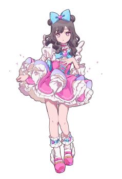 1girl blue_bow bow brown_hair commentary_request corset cosplay double_bun dress_ruff full_body hair_bow hair_bun highres kiratto_pri_chan layered_skirt looking_at_viewer medium_hair momoyama_mirai momoyama_mirai_(cosplay) pink_shoes pink_skirt player_character_(kiratto_pri_chan) pretty_series puffy_short_sleeves puffy_sleeves shirt shoes short_sleeves simple_background skirt socks solo standing wavy_hair white_background white_shirt white_socks yadehi