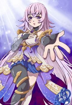 1girl asymmetrical_legwear black_bridal_gauntlets blue_skirt bridal_gauntlets grimms_notes long_hair looking_at_viewer magic_mirror_(grimms_notes) mismatched_legwear parted_lips purple_hair signature skirt solo source_request tirokuro17 very_long_hair