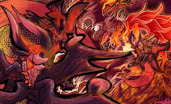 2boys absurdres alternate_form aura battle claws dante_(devil_may_cry) death_battle demon demon_boy demon_horns demonic_creature devil_may_cry_(series) devil_may_cry_5 devil_trigger energy_horns final_fantasy final_fantasy_xvi fire flaming_horns glowing glowing_chest glowing_eyes glowing_mouth glowing_nails glowing_wings highres horns ifrit_(final_fantasy) ifrit_risen male_focus monster multiple_boys multiple_wings shining sin_devil_trigger spiked spiked_arm sunmellows tail wings