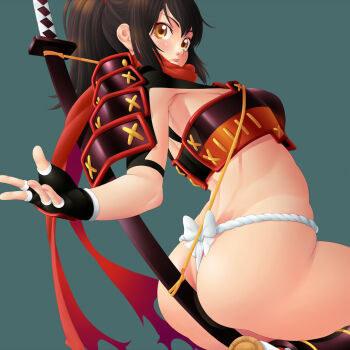 10s 1girl armor ass between_buttocks black_hair female_focus fundoshi highres izumi_(queen's_blade) japanese_armor japanese_clothes katana masato_(mk) ponytail queen's_blade queen's_blade_rebellion shoulder_armor simple_background sode solo sword weapon