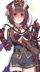 Rule 34 | 1girl, alternate costume, belt, between breasts, blush, breasts, brown hair, commentary request, eriko (princess connect!), gauntlets, hair between eyes, horns, kouzuki tsubasa (musou kaidou), looking at viewer, medium breasts, open mouth, pov, pov hands, princess connect!, simple background, solo focus, sweat, tail, uniform, whip, white background
