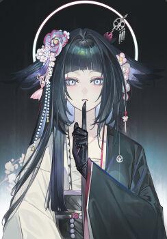 1girl absurdres arched_bangs arknights black_gloves black_hair commentary_request echj finger_to_mouth flower gloves gradient_background hair_flower hair_intakes hair_ornament hair_wings halo halo_behind_head highres index_finger_raised long_hair looking_at_viewer mio_(arknights) parted_lips simple_background solo straight-on two-tone_kimono upper_body wide_sleeves