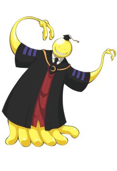 1boy anime_coloring ansatsu_kyoushitsu black_necktie black_robe colored_skin full_body grin hat higami_aya highres koro-sensei kunugigaoka_middle_school_uniform male_focus mortarboard necktie official_art robe school_uniform simple_background smile solo tachi-e tentacles transparent_background yellow_skin