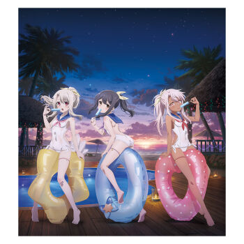 3girls ass back back_cutout black_hair blonde_hair blue_sailor_collar chloe_von_einzbern clothing_cutout covered_navel dark-skinned_female dark_skin fate/kaleid_liner_prisma_illya fate_(series) feet food full_body hair_ribbon ice_cream illyasviel_von_einzbern lifebuoy loli long_hair looking_at_viewer looking_back miyu_edelfelt multiple_girls official_art one-piece_swimsuit open_mouth orange_eyes pink_hair ponytail pool poolside red_eyes ribbon sailor_collar shoulder_blades side-tie_swimsuit sidelocks swim_ring swimsuit thigh_strap thighs white_one-piece_swimsuit white_ribbon yellow_eyes yellow_ribbon